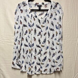 a.n.a White Feather-Print Long-Sleeve Button Blouse Sz Medium